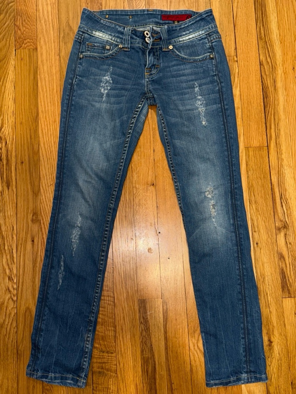 Virgo Low Rise Blue Denim Jeans with Red Logo Label
